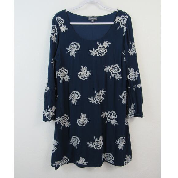 Luxology XL Blue Dress White Embroidered Flowers Scoop Neck Long Bell Sleeves - Picture 1 of 6
